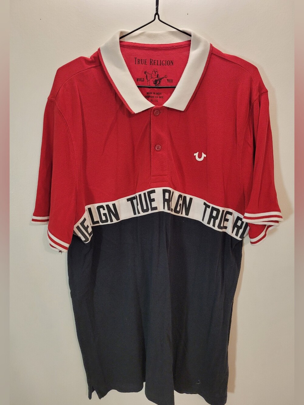 True Religion Men's Red and Black Colorblock Polo With White Collar - XL